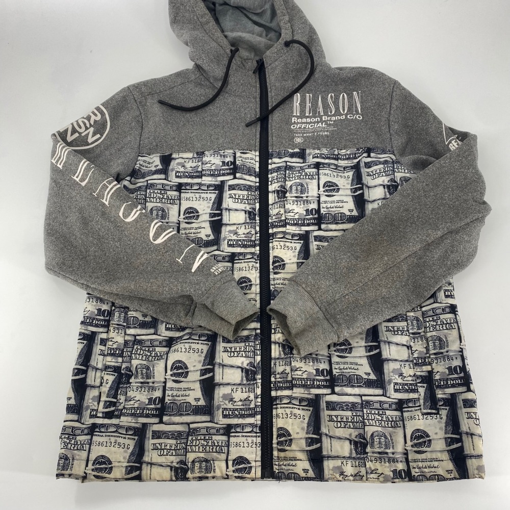 REASON Men's Money Print Full Zip Hoodie Gray White Black Size‎ M